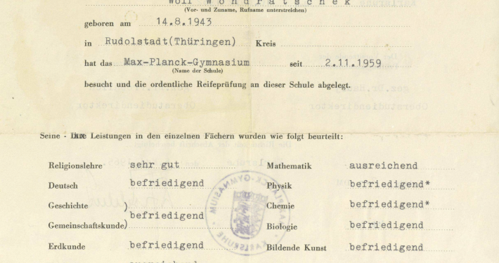 Ausschnitt aus Wolf Wondratscheks Reifezeugnis, Max-Planck-Gymnasium Karlsruhe, 1962