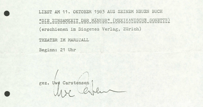 Einladung zu einer Lesung Wolf Wondratscheks aus „Die Einsamkeit der Männer“, 1983