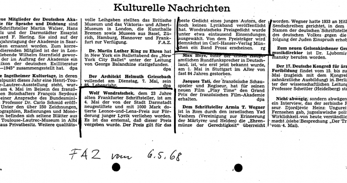 Meldung in der FAZ über die Verleihung des Leonce-und-Lena-Preises an Wolf Wondratschek, 06.05.1968